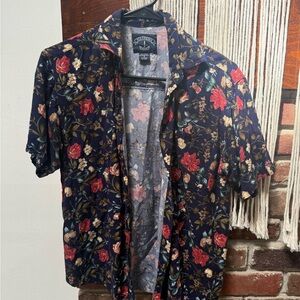 Nautica Navy Floral Short Sleeve Button-Front Shirt with Red Blooms